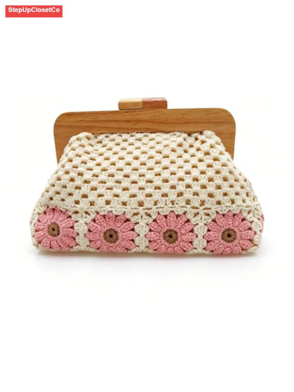 Handmade Crochet Clutch Purse with Wooden Frame, Retro Floral Kiss Lock Evening